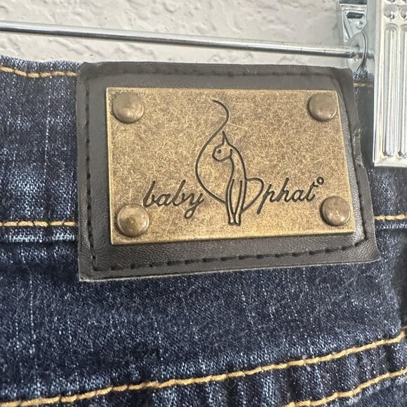 Baby Phat Jeans Juniors 7 Wide Leg Crop Dark Wash Denim Cat Logo Distressed Y2K - Picture 8 of 16